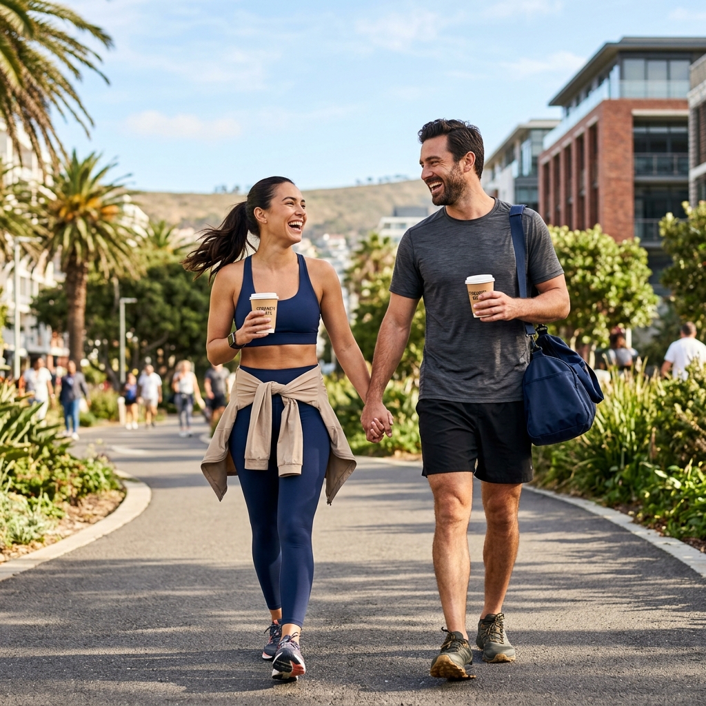 Pareja fitness caminando felizmente con ropa deportiva y cafés después de entrenar, la cita moderna perfecta
