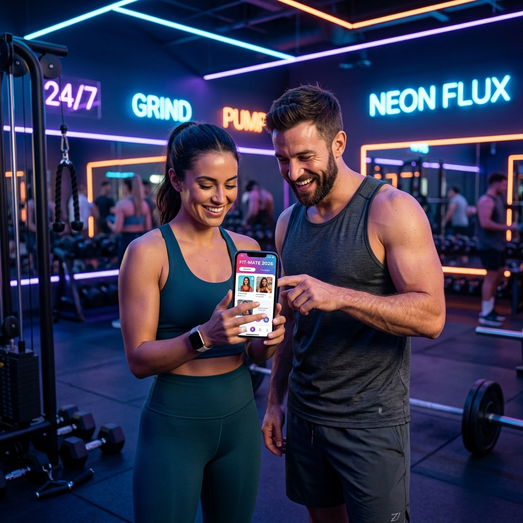 Pareja fitness mirando el celular y sonriendo en un gimnasio moderno, representando las citas en 2026