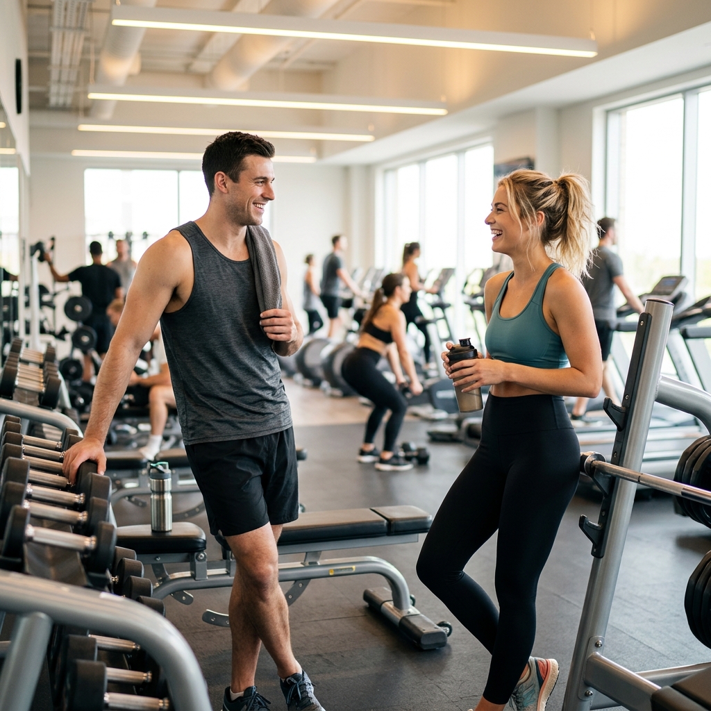 Pareja fit sonriendo y charlando de forma natural entre series en el gimnasio, demostrando química real