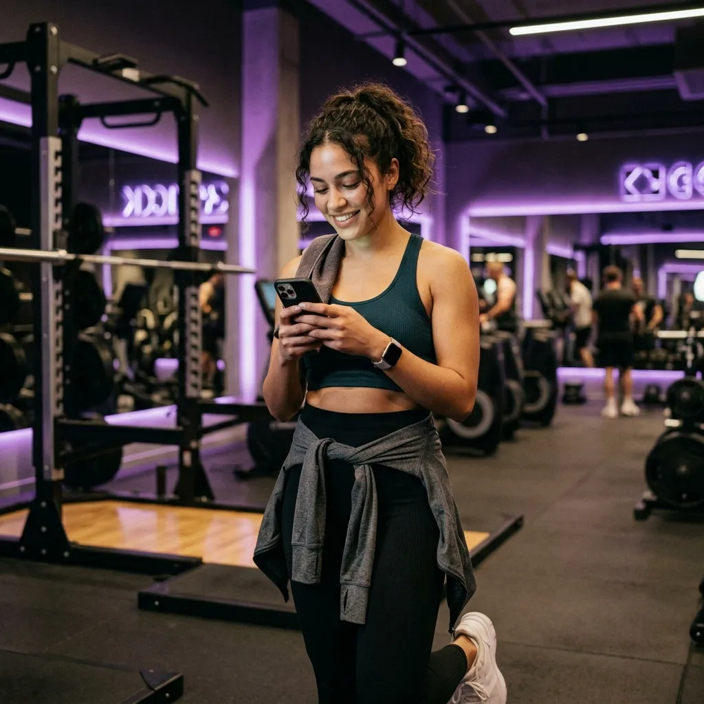 Mujer usando la aplicación Gymlan para hacer match con su GymCrush
