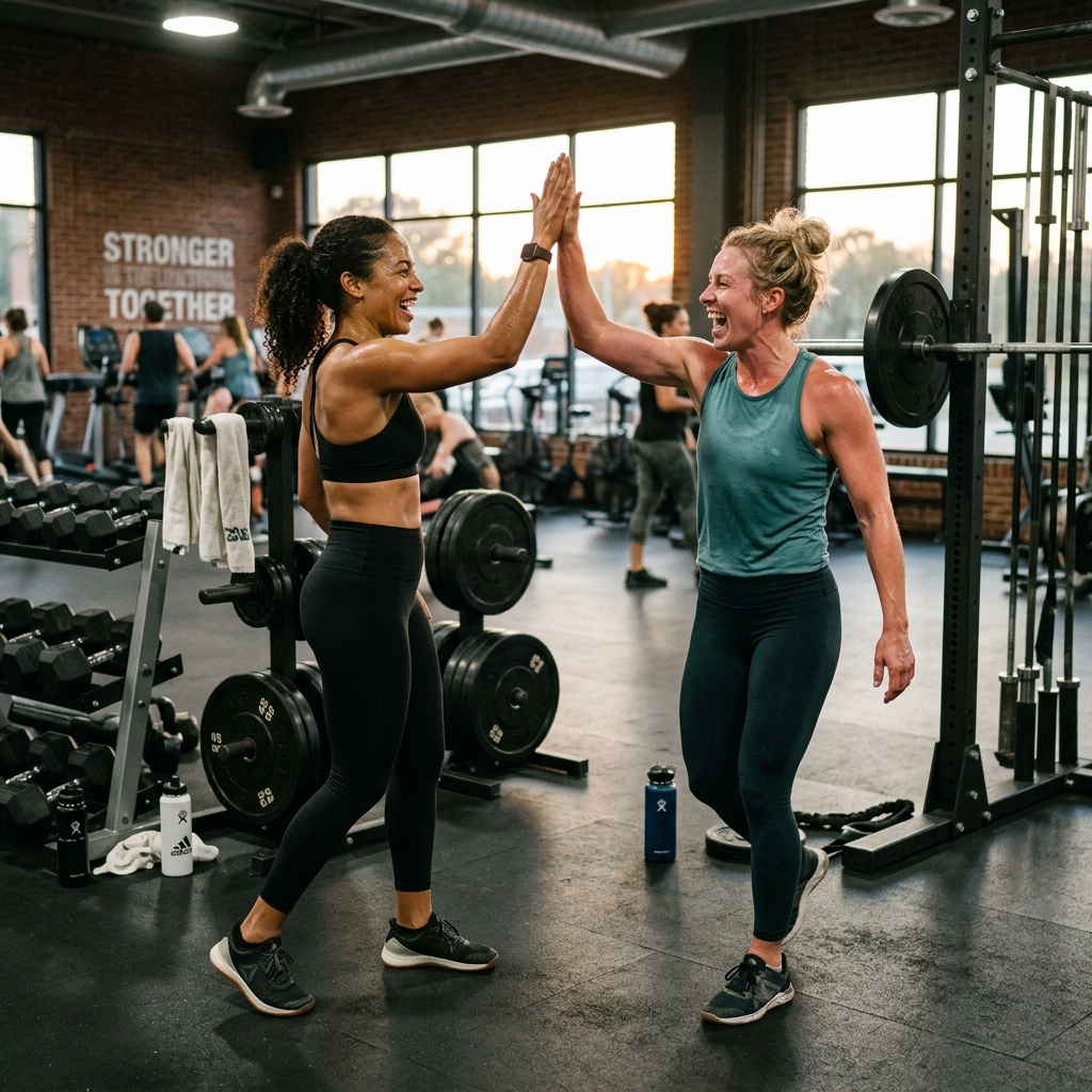 Dos amigas chocando los cinco en el gimnasio, demostrando compañerismo y el valor de encontrar un gym partner en Gymlan