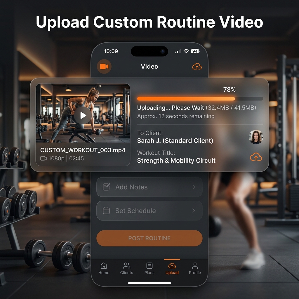 Mockup de Gymlan App permitiendo a entrenadores subir sus propios videos y rutinas