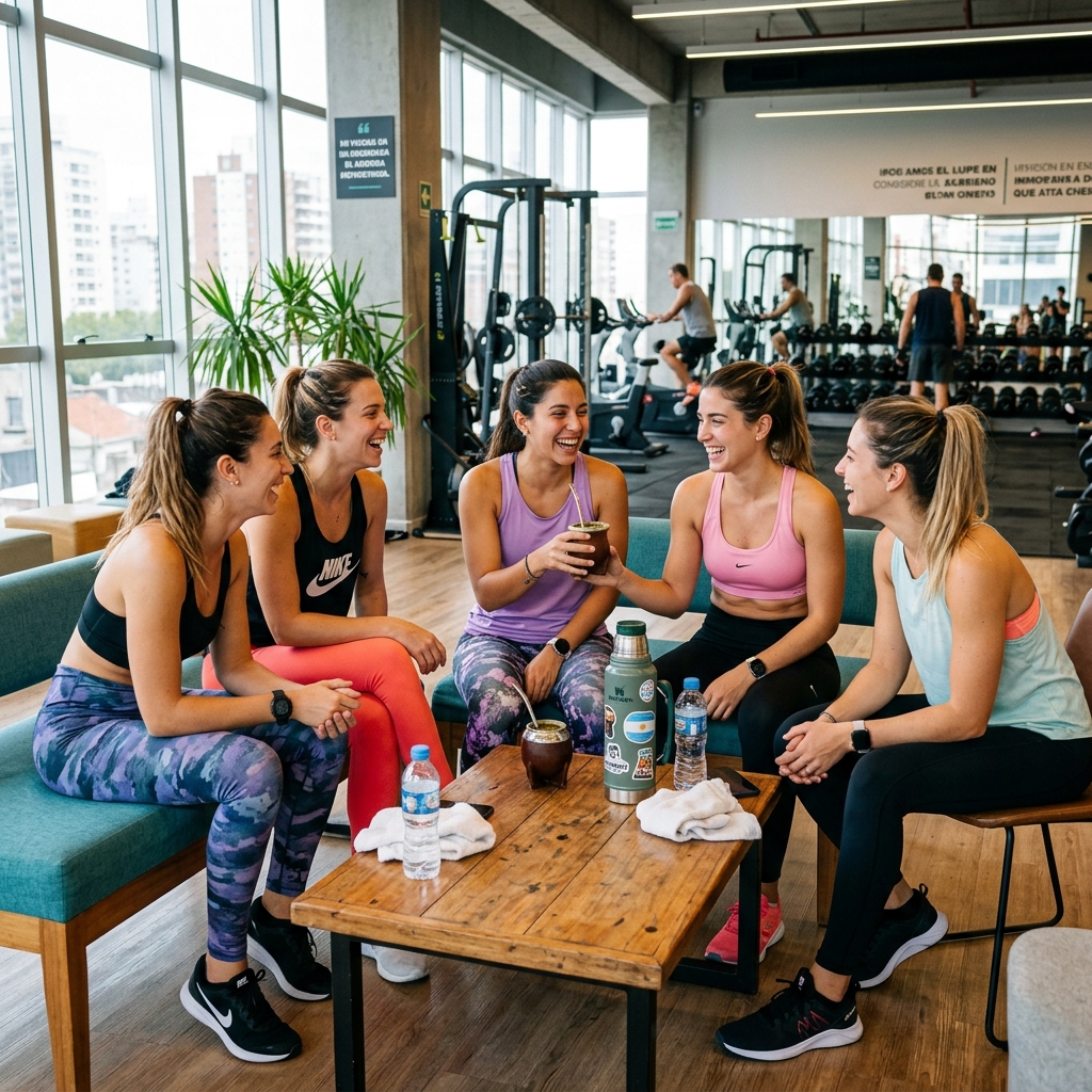 Grupo de chicas argentinas compartiendo un mate felices en el gimnasio, simbolizando el poder de la comunidad en Gymlan