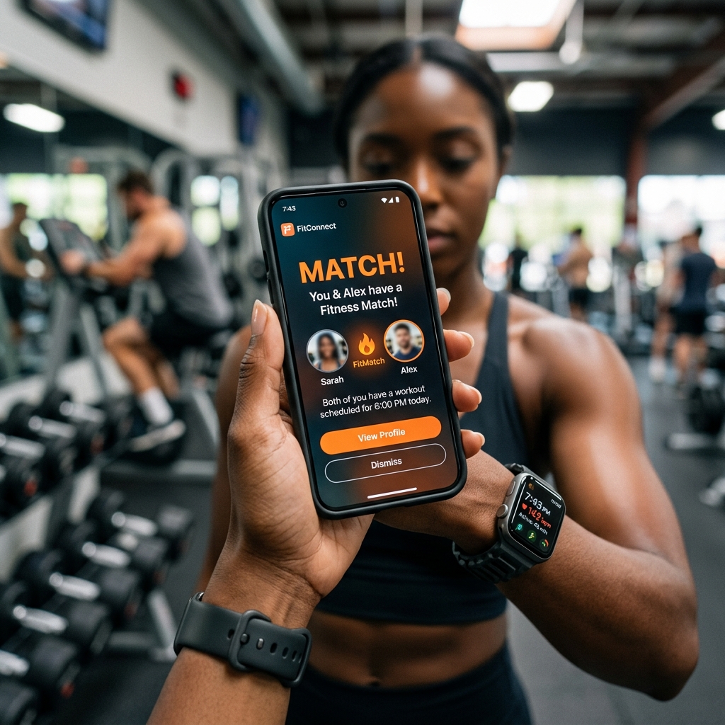 Notificación de Match en Gymlan en un smartwatch dentro del gimnasio