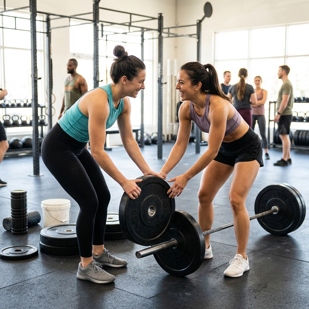 Dos amigas en el gimnasio trabajando juntas para armar una barra pesada para hip thrust, demostrando comunidad
