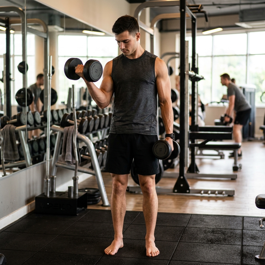 Hombre estético haciendo curl de bíceps con forma perfecta y técnica controlada, el verdadero secreto de la hipertrofia