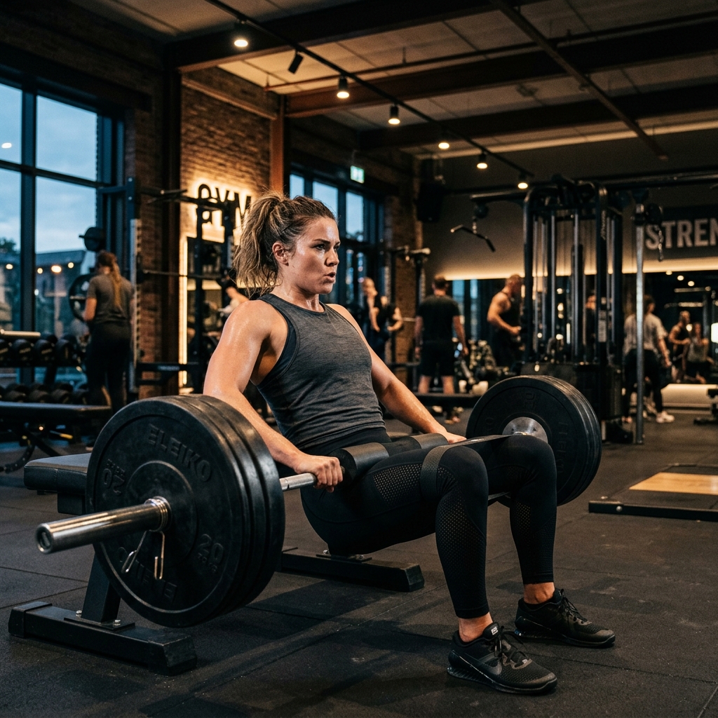Mujer empoderada realizando Hip Thrust pesado en el gimnasio, el verdadero secreto para transformar el cuerpo femenino