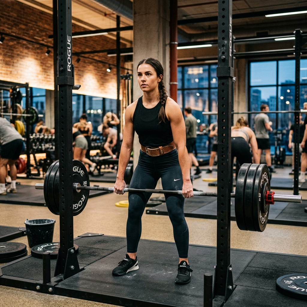 Chica española joven levantando pesas en un gimnasio moderno, representando el empoderamiento femenino